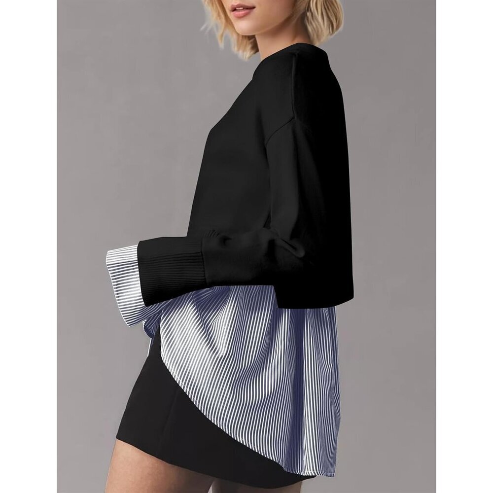 Womens Sweater Patchwork 2-in-1 Asymmetrical Hem Crew Neck Knit Top - Picture 2 of 5